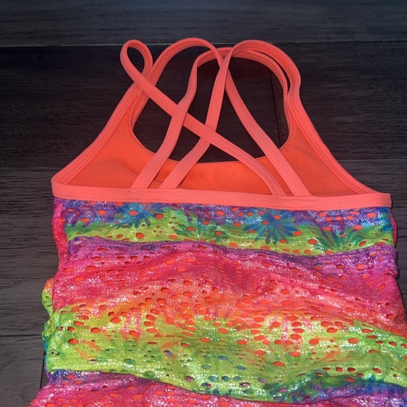 Toddler fluorescent metallic like multicolor rainbow crisscross strap swimsuit - Picture 6 of 9